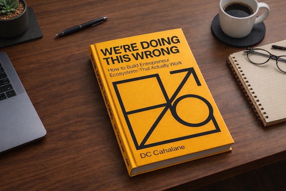 We're Doing This Wrong book on a desk beside a notebook and coffee