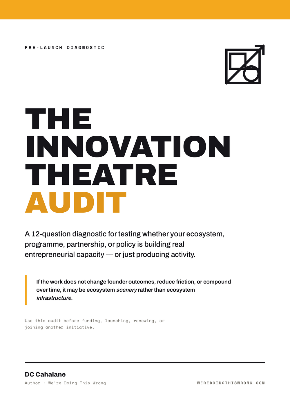The Innovation Theatre Audit — front cover of the 12-question diagnostic by DC Cahalane